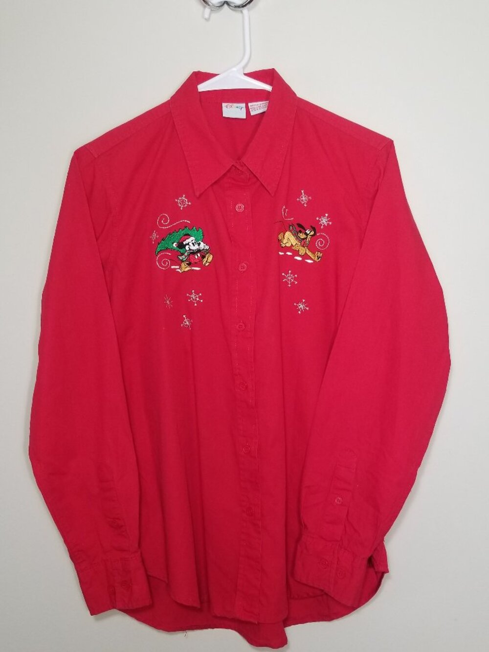 Vintage Disney Mickey & Pluto Christmas Red Long Sleeve Button Up Blouse Medium